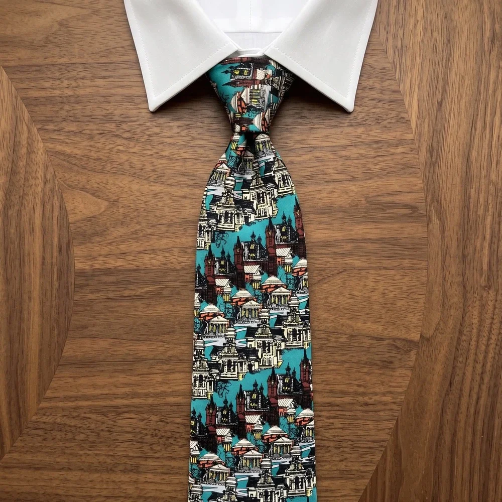 Vintage 1995 Syracuse University Silk Tie Architecture Crouse College Print Teal